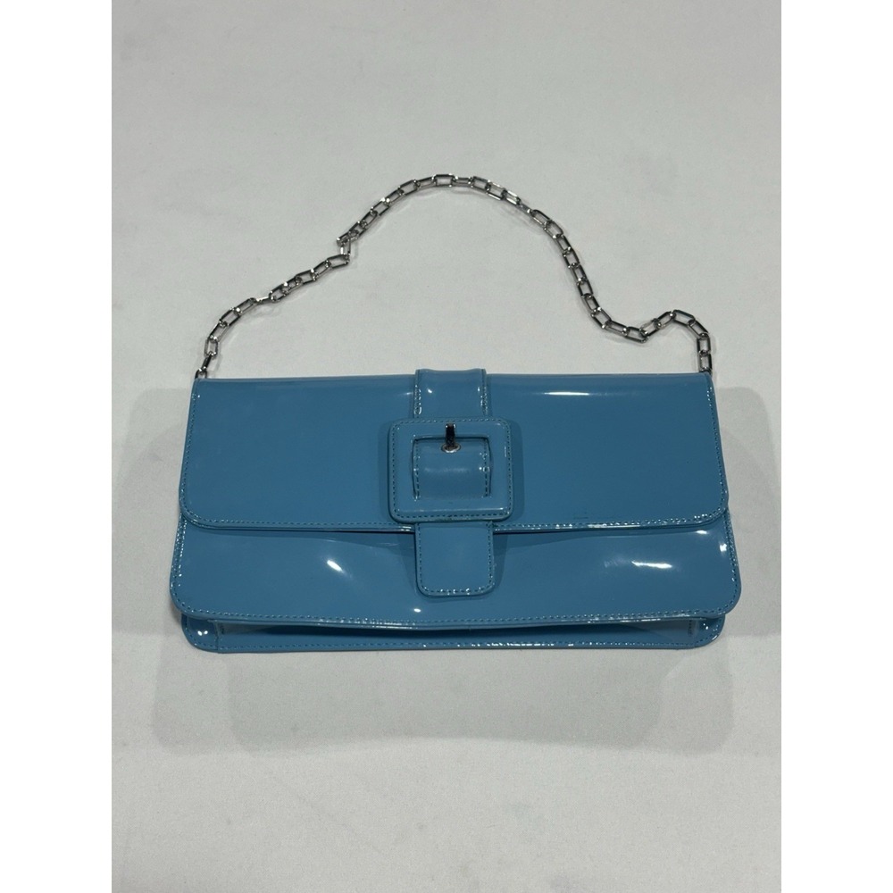 Vtg Y2K LOFT Shoulder Bag Or Clutch: Turquoise Patent W Chain & Magnetic Closure